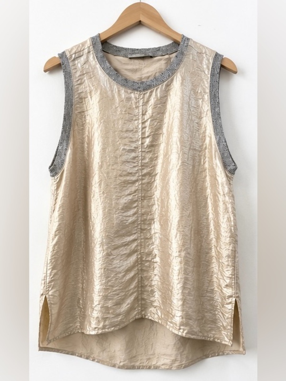 Zara Collection Metallic Champagne Satin Sleeveless Top Silver Trim Size L
